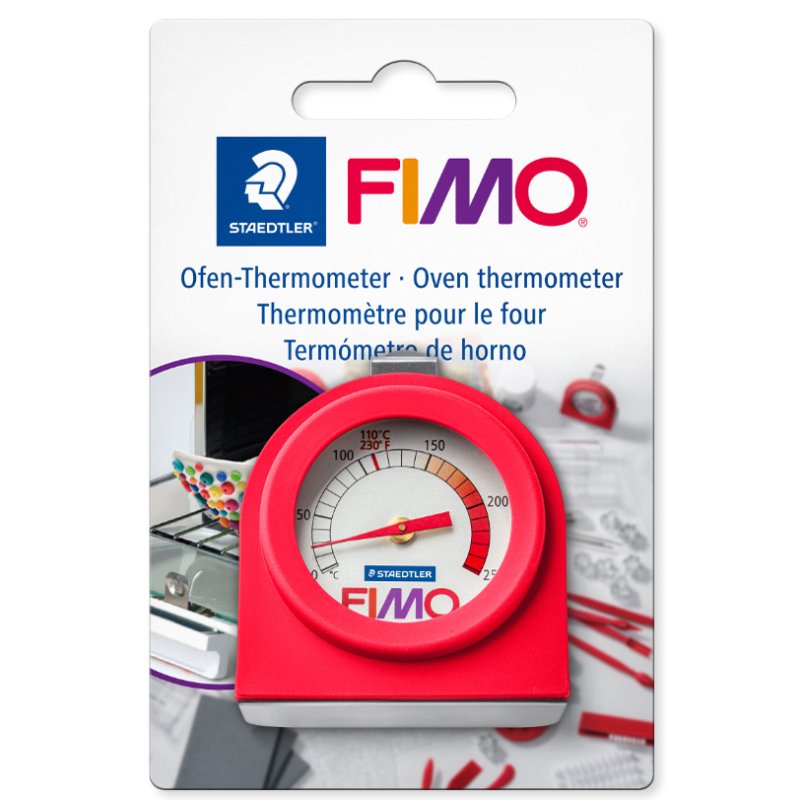 FIMO oven thermometer, 0-300°C, red silicone sleeve, hanging hook
